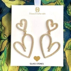 Brand New House of Harlow 1960 Glass Stone Heart Gold Tone Sparkly Drop Earrings